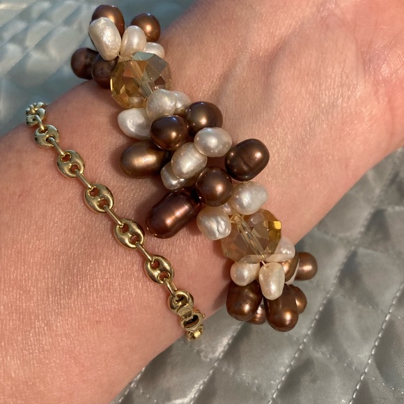 Vintage genuine freshwater pearl cluster bracelet with large crystals stretch - Picture 4 of 7